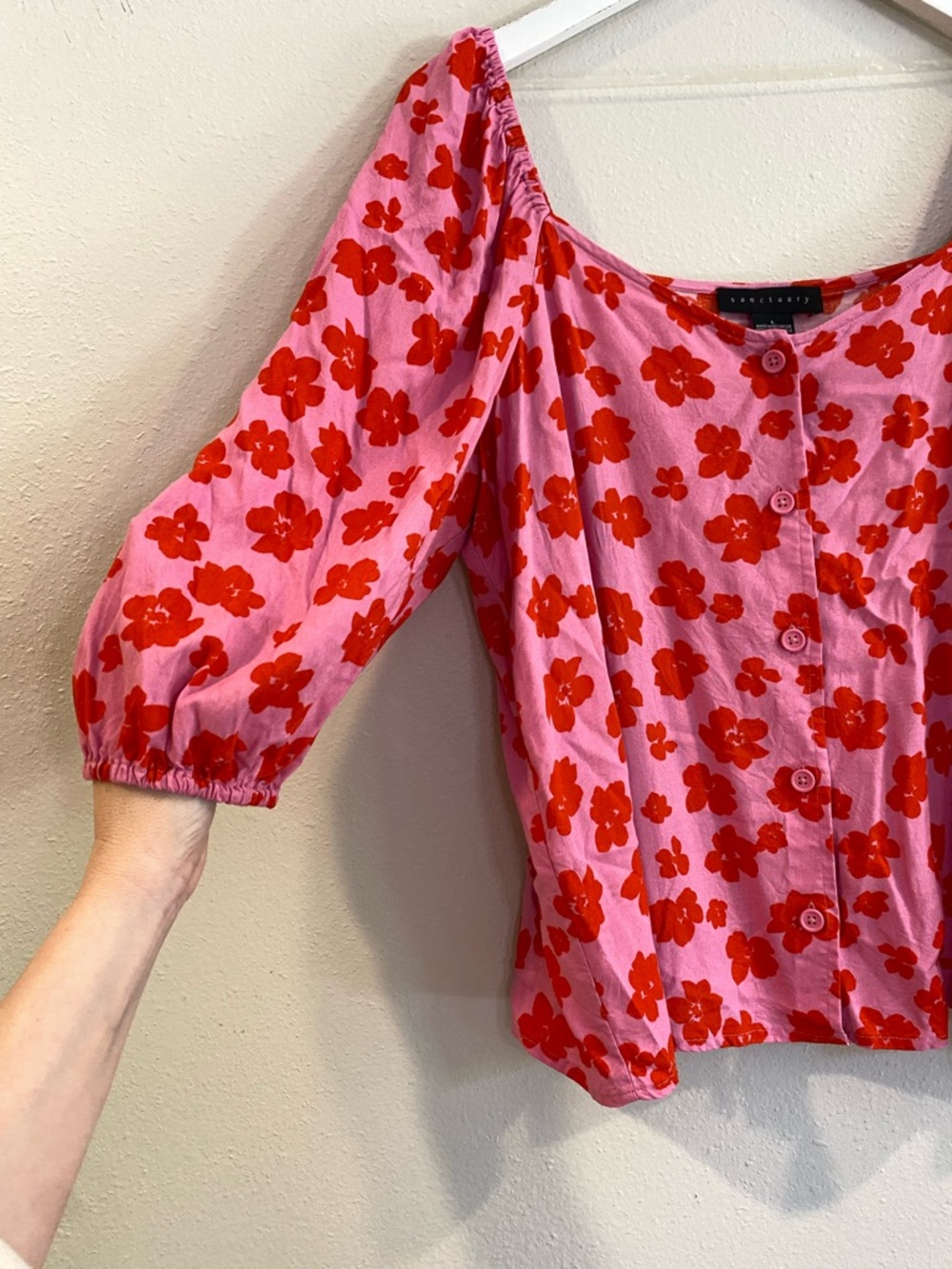 Sanctuary Pink Red Floral Poppy Button Front Top Large Puff Sleeve Boho Romantic - Picture 3 of 9